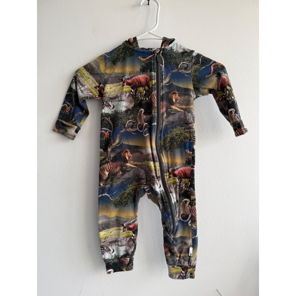 Molo Kids Safari Animal Print Hooded Zip Romper Jumpsuit Size 80 12 Months